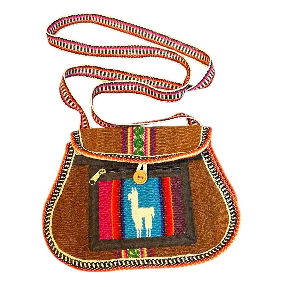 Peruvian Crossbody Bag Womens Small Brown Handwoven Llama Folk Art Boho Chic Bag